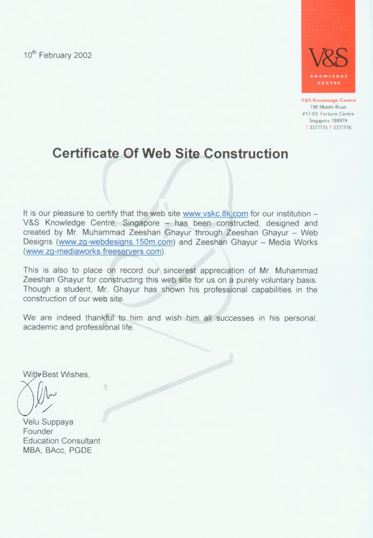 V&S Knowledge Centre - Certificate Of Web Site Construction